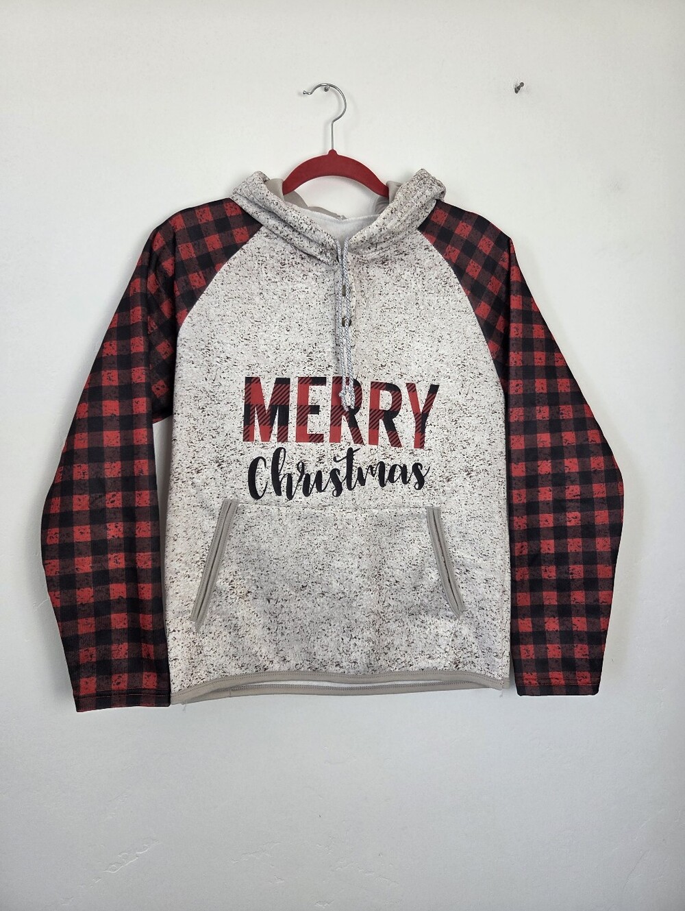 Merry Christmas Hoodie Sweatshirt Plaid Comfy Casual Hooded Loungewear Small